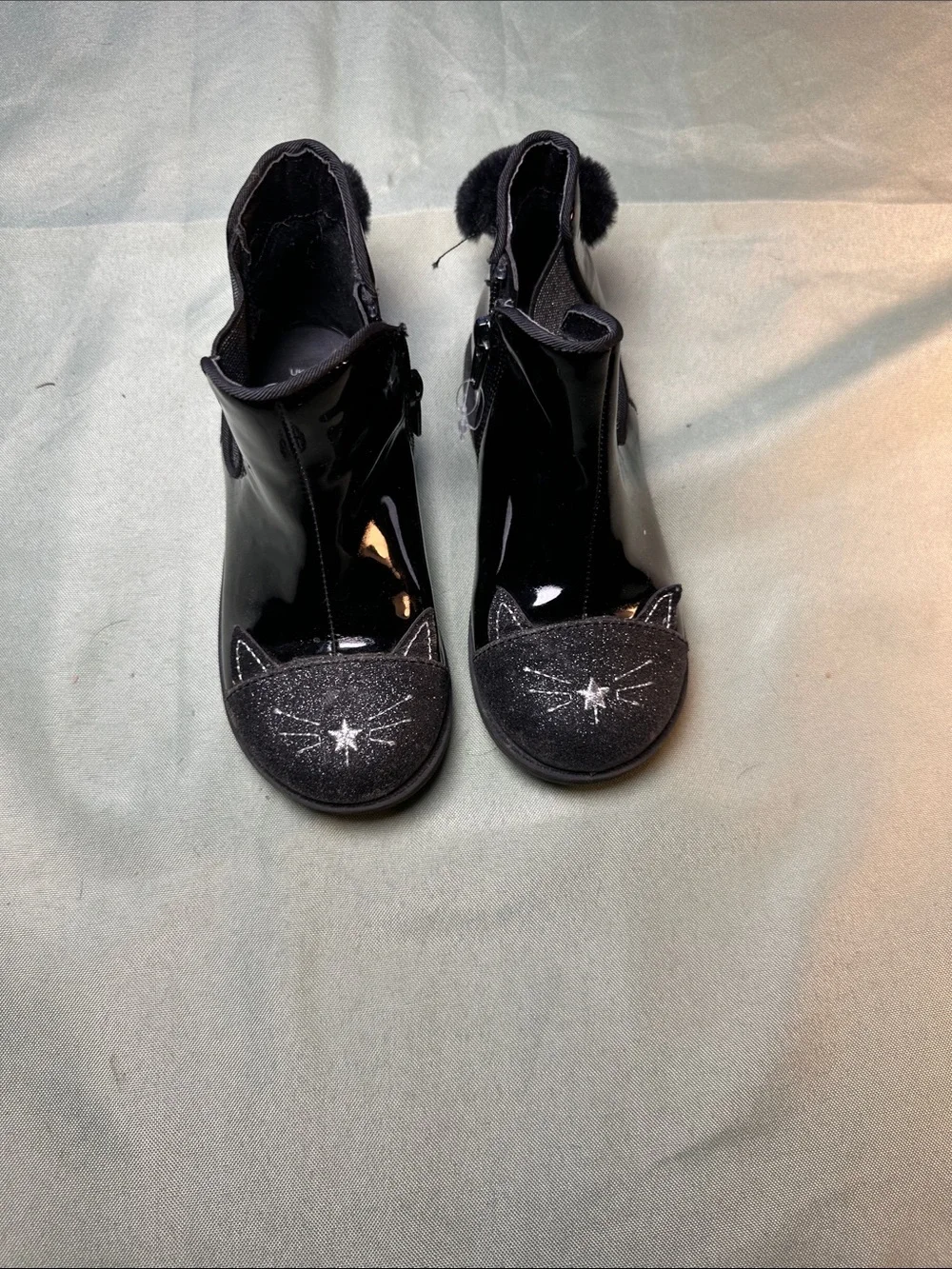 Primark Black Patent Girls' Ankle Boots with Glitter Cat Toes